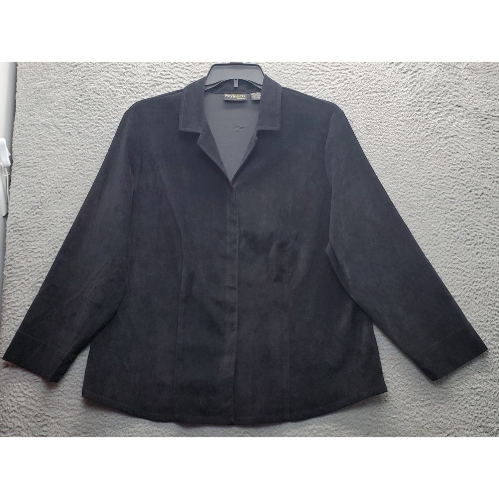 Style&co. Shacket Women's 18W Black Velour Pintuck Collared Inside Button Down
